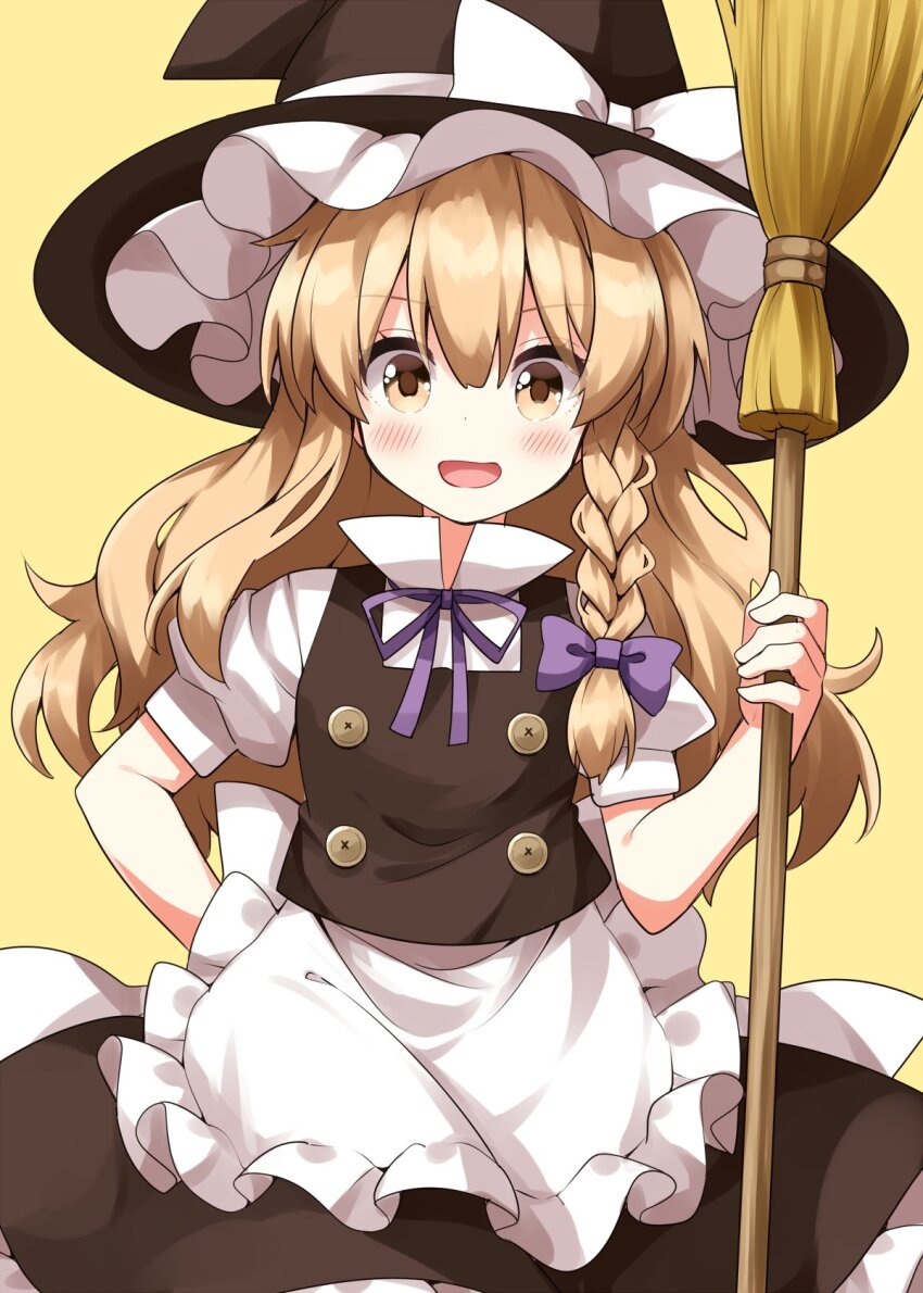 1girl :d apron black_hat black_skirt black_vest blonde_hair blush bow braid broom commentary cowboy_shot frilled_apron frills hair_bow hand_on_own_hip hat hat_bow highres holding holding_broom kirisame_marisa long_hair looking_at_viewer neck_ribbon open_mouth purple_bow purple_ribbon ribbon ruu_(tksymkw) shirt short_sleeves simple_background single_braid skirt skirt_set smile solo touhou turtleneck turtleneck_shirt vest waist_apron white_apron white_bow white_shirt witch_hat yellow_background yellow_eyes