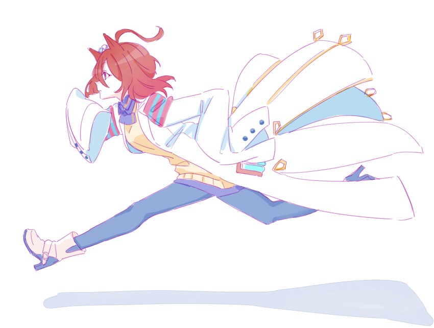 1girl absurdres agnes_tachyon_(umamusume) ahoge animal_ears black_pantyhose boots brown_boots brown_hair closed_mouth from_side hair_between_eyes high_heel_boots high_heels highres horse_ears lab_coat long_sleeves open_clothes pantyhose profile red_eyes running seila_rei shadow simple_background sleeves_past_fingers sleeves_past_wrists solo sweater_vest umamusume virtual_youtuber white_background