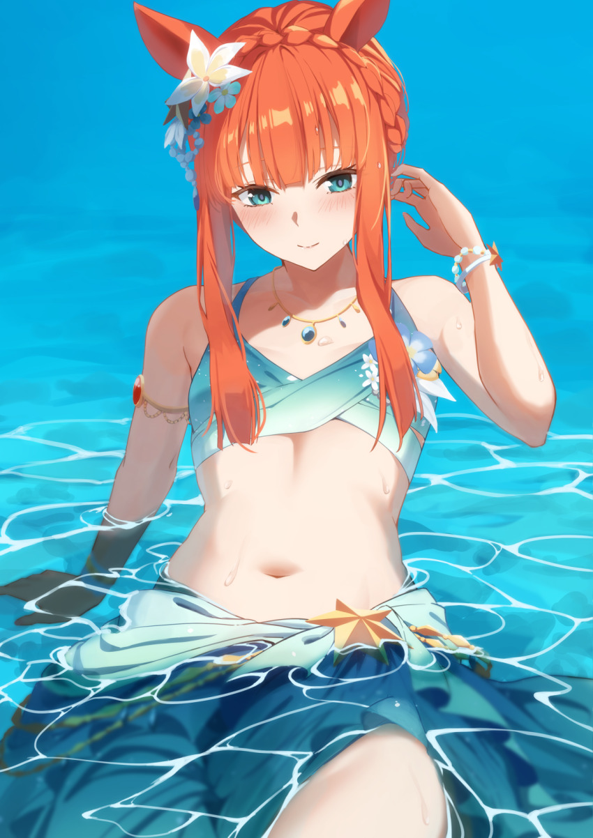 1girl adjusting_hair animal_ears aqua_bikini aqua_sarong arm_support armlet bare_arms bare_shoulders bikini blue_sarong blunt_bangs blunt_tresses blush bow bow_bikini bracelet braid closed_mouth commentary_request crown_braid ear_flower flat_chest flower flower_on_chest gem gradient_bikini gradient_sarong green_bikini green_sarong hair_flower hair_ornament hand_on_floor highres horse_ears horse_girl in_water jewelry kagari_liroi long_hair looking_at_viewer midriff navel necklace ocean official_alternate_costume official_alternate_hairstyle on_floor orange_hair plumeria sarong sarong_hold sidelocks silence_suzuka_(emerald_on_the_waves)_(umamusume) silence_suzuka_(umamusume) sitting smile solo star_bracelet swimsuit umamusume very_long_hair water wet wet_clothes