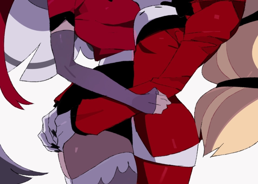 2girls arms_around_waist bilidongdong black_skirt charlie_morningstar clothes_lift colored_skin couple elbow_gloves fingerless_gloves formal_clothes gloves grey_skin hazbin_hotel head_out_of_frame hellaverse hug miniskirt multi-tied_hair multiple_girls red_suit simple_background skirt skirt_lift suit thighhighs thighs vaggie yuri