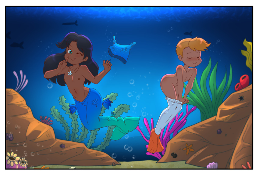 1boy 1girl black_hair blonde_hair blue_eyes blue_tail closed_eyes clothes_pull dakunart dark-skinned_female dark_skin flat_chest highres loli mermaid mermaid_costume mermaid_tail merman monster_boy monster_girl morik nipples one_eye_closed original shirt shota skinny_dipping swimming tail_pull topless_female underwater undressing unworn_shirt white_tail