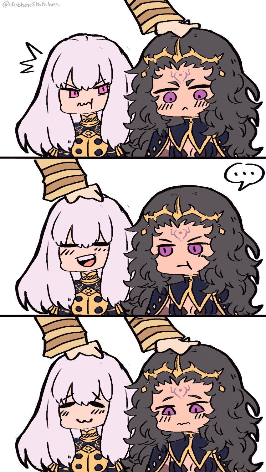 ... 2girls :3 black_hair envy fire_emblem fire_emblem:_three_houses fire_emblem_fates fire_emblem_heroes headpat highres jebbeesketches kiran_(fire_emblem) long_hair lysithea_von_ordelia multiple_girls nintendo nyx_(fire_emblem) purple_eyes speech_bubble white_hair