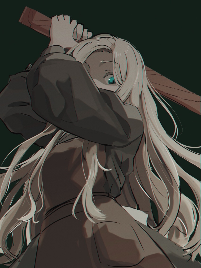 1girl black_background blonde_hair covered_mouth flowers_(innocent_grey) highres holding komikado_nerine long_hair long_sleeves looking_at_viewer one_eye_covered shaded_face shishima_eichi simple_background solo stake very_long_hair wavy_hair