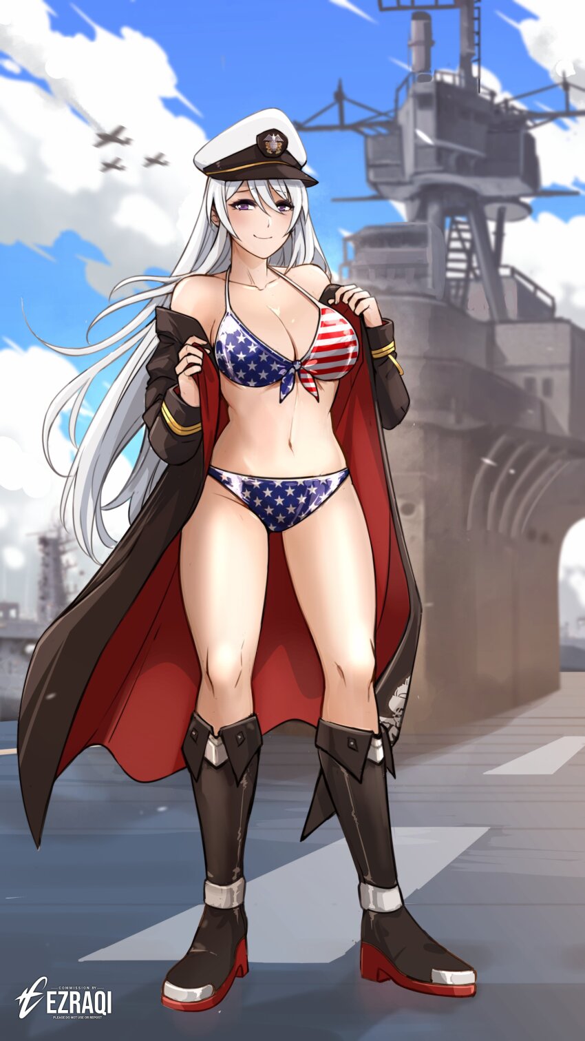 1girl absurdres aircraft aircraft_carrier airplane american_flag american_flag_bikini american_flag_print artist_name azur_lane bare_shoulders bikini black_boots black_coat blue_sky boots breasts cloud coat commentary commission english_commentary enterprise_(azur_lane) ezraqi flag_print full_body highres knee_boots long_hair medium_breasts military_vehicle navel on_ship open_clothes open_coat print_bikini purple_eyes ship sky smirk solo stomach swimsuit vgen_commission warship watercraft white_hair