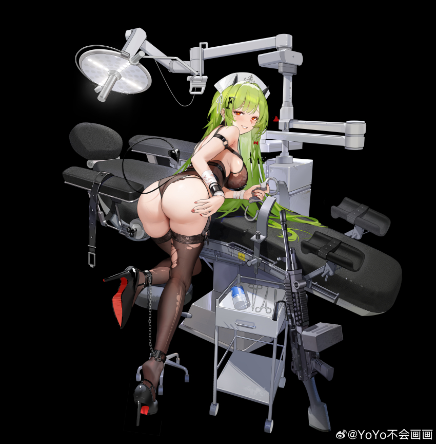 1girl absurdres ammunition_box ankle_cuffs ass bandaged_arm bandages black_background black_choker black_leotard black_shoes black_thighhighs blood bow bracelet breasts chain choker colored_shoe_soles cuffs demon_horns demon_tail dental_chair earrings faux_figurine from_behind full_body garter_straps general_purpose_machine_gun girls&#039;_frontline green_hair grin gun hair_bow hair_ornament hand_on_own_ass hand_up handcuffs hat heart high-capacity_magazine high_heels highres holding holding_handcuffs holding_scalpel horns jewelry lace lace-trimmed_thighhighs lace_trim large_breasts leg_up leotard letter_hair_ornament long_hair looking_at_viewer looking_back machine_gun mk48 mk48_(culprit_of_love-sickness)_(girls&#039;_frontline) mk48_(girls&#039;_frontline) nurse_cap o-ring_arm_strap official_alternate_costume official_art red_bow red_eyes red_nails scalpel shoe_dangle shoe_soles shoes sideboob simple_background smile standing standing_on_one_leg stool surgical_scissors table tail teasing teeth thighhighs torn_clothes torn_thighhighs watermark weapon weibo_username weibo_watermark white_hat yoyo_(550098)