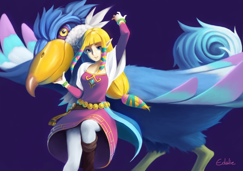 belly_chain bird blonde_hair blue_eyes boots bracelet chain_belt dress edalie hair_ribbon jewelry loftwing long_hair low-tied_long_hair nintendo pantyhose pink_dress pointy_ears princess_zelda ribbon sash shawl sidelocks smile the_legend_of_zelda the_legend_of_zelda:_skyward_sword white_legwear