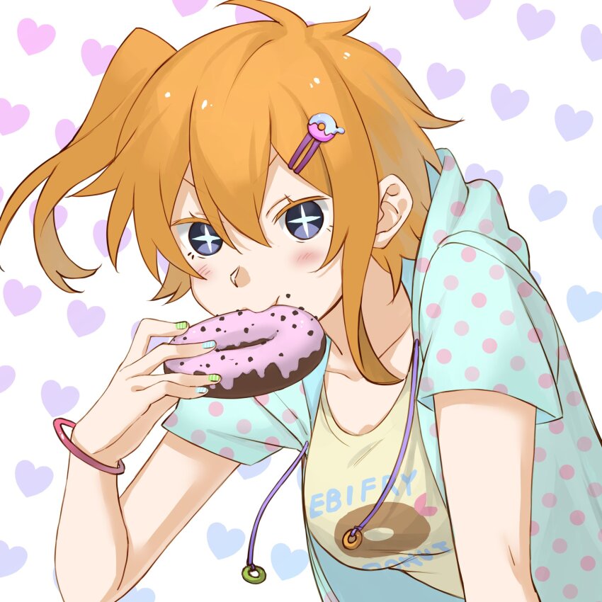 1girl b_(bgoldmole) blue_eyes blue_hoodie bracelet breasts bright_pupils casual clothes_writing colored_eyelashes commentary cross-shaped_pupils donut donut_hair_ornament donut_print drawstring eating food food-themed_hair_ornament food_print hair_between_eyes hair_ornament hairclip heart heart_background highres holding holding_food hood hoodie jewelry kagerou_project kisaragi_momo looking_ahead medium_breasts mekakucity_actors open_clothes polka_dot polka_dot_hoodie print_shirt shirt short_sleeves side_ponytail symbol-shaped_pupils t-shirt upper_body white_background white_pupils white_shirt