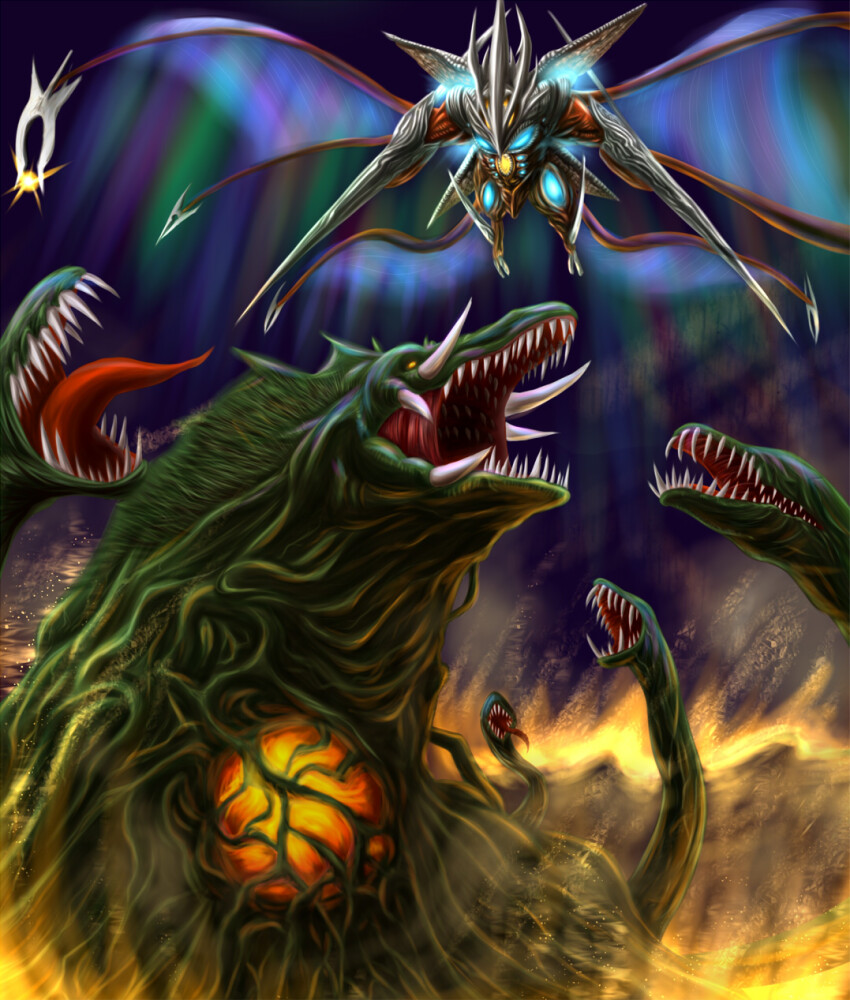 arm_blade biollante bioluminescence crossover daiei_film embers extra_mouth fire flying gamera_(series) gamera_3:_revenge_of_iris giant giant_monster glowing glowing_eyes godzilla_(series) godzilla_vs._biollante inosuke_(monstruo) iris_(gamera) kaiju membrane monster muscular muscular_other night no_humans no_pupils pectorals plant sharp_teeth teet teeth tentacles toho tusks vines weapon yellow_eyes