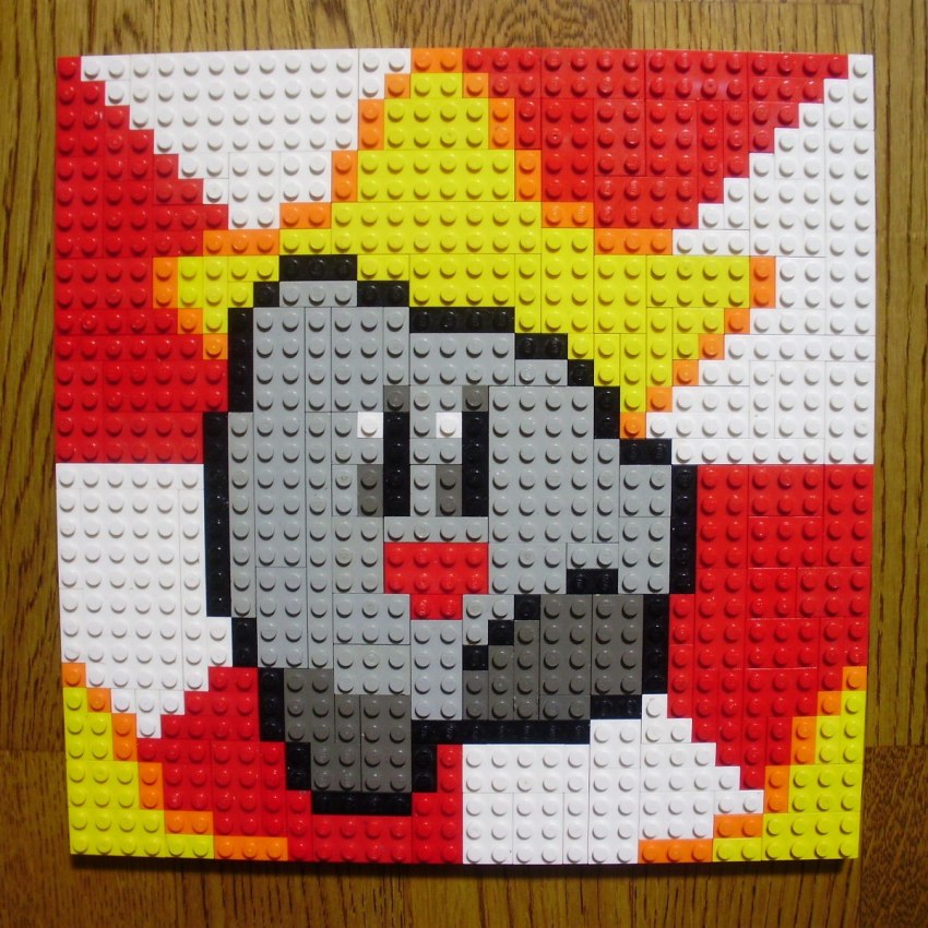 :d alternate_color full_body highres kirby_(series) kirby_and_the_amazing_mirror lego lego_(medium) looking_at_viewer multicolored_background nintendo no_humans open_mouth photo_(medium) pixel_art red_background shadow_kirby smile solo star_(symbol) unconventional_media white_background you_rei_(blowback)