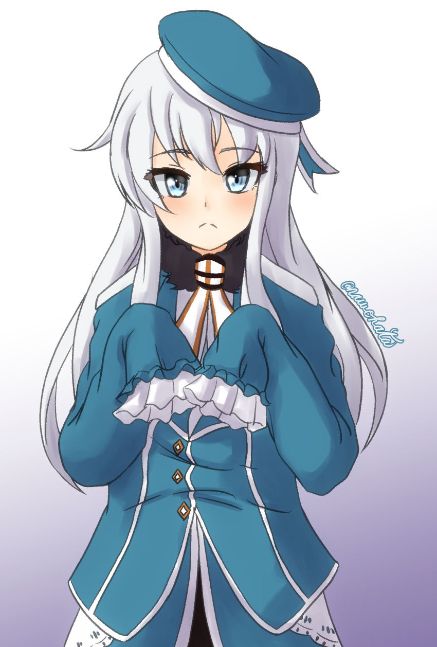 1girl aqua_hat aqua_jacket ascot atago_(kancolle) atago_(kancolle)_(cosplay) beret blue_eyes cosplay frilled_sleeves frills hat hibiki_(kancolle) highres jacket kantai_collection long_hair looking_at_viewer military_uniform nawohata sleeves_past_fingers sleeves_past_wrists solo white_hair