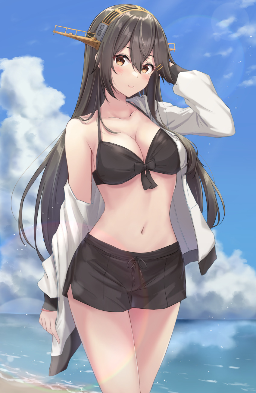 1girl absurdres beach bikini black_bikini black_hair black_shorts blush breasts brown_eyes cleavage closed_mouth collarbone day hair_between_eyes hairband haruna_(2023_swimsuit)_(kancolle) haruna_(kancolle) haruna_kai_ni_(kancolle) headgear highres jacket kantai_collection large_breasts long_hair long_sleeves looking_at_viewer monoku navel ocean official_alternate_costume open_clothes open_jacket outdoors shorts smile solo swimsuit white_jacket