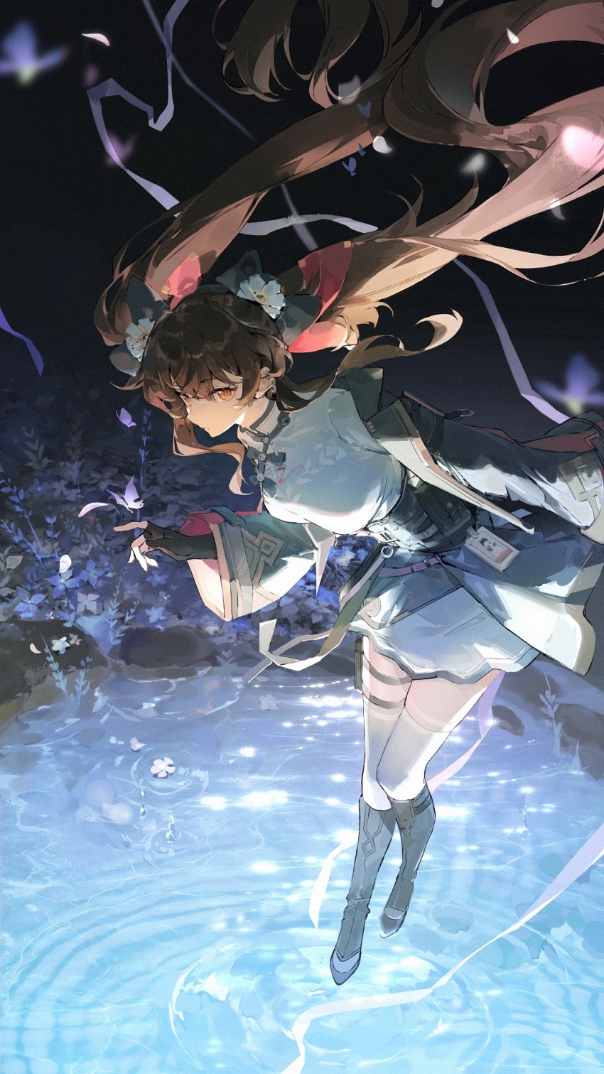 1girl black_boots black_bow boots bow brown_hair bug butterfly chinese_clothes chinese_commentary dadijiji expressionless fingerless_gloves floating_hair flower full_body girls&#039;_frontline girls&#039;_frontline_2:_exilium gloves hair_bow hair_flower hair_ornament highres id_card insect jiangyu_(girls&#039;_frontline_2) long_hair looking_at_viewer orange_eyes pond pouch red_bow ripples solo thighhighs twintails type_97_(girls&#039;_frontline) vegetation very_long_hair white_thighhighs wide_sleeves