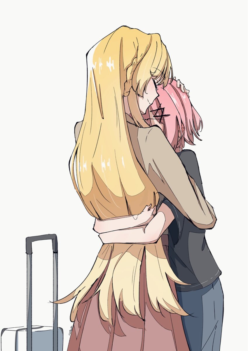 2girls amaori_renako black_shirt blonde_hair brown_coat coat commentary_request hair_ornament highres hug long_hair multiple_girls nape_braid nobunaga_(nbng_g) ouzuka_mai pink_hair rolling_suitcase shirt short_hair simple_background suitcase watashi_ga_koibito_ni_nareru_wake_naijan_murimuri! white_background x_hair_ornament yuri