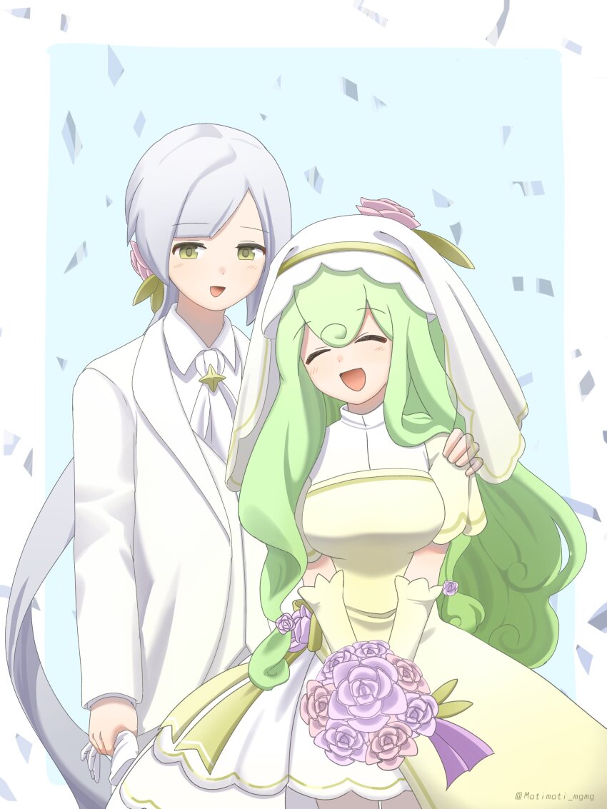 1boy 1girl absurdres alternate_costume ascot blue_background border bouquet breasts bride collared_shirt commentary_request confetti cowboy_shot curly_hair dress elbow_gloves flower formal_clothes gloves green_eyes green_hair grey_hair groom hair_flower hair_ornament hand_on_another&#039;s_shoulder happy hat hat_flower highres holding holding_bouquet holding_gloves holding_unworn_clothes husband_and_wife irene_(pure_benevolence)_(puyopuyo) irene_(puyopuyo) jacket lapels large_breasts long_hair motimoti_mgmg official_alternate_costume open_mouth outside_border pink_flower pink_rose ponytail purple_flower purple_rose puyopuyo puyopuyo_quest rose rufus_(puyopuyo) shawl_lapels shirt short_sleeves smile standing suit suit_jacket tight_clothes tight_dress unworn_gloves v_arms veil very_long_hair wedding white_ascot white_border white_dress white_gloves white_jacket white_shirt white_suit white_veil