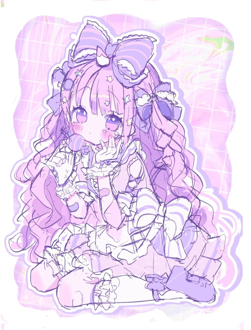1girl bandaid bandaid_on_arm blush bow candy closed_mouth curly_hair dot_nose dress food gloves gradient_eyes hair_bow hair_ornament highres long_hair looking_at_viewer multicolored_eyes multiple_hair_bows original outline pastel_colors purple_bow purple_eyes purple_hair purple_outline purple_shoes sango_(35sangosan) shoes sketch solo star_(symbol) star_hair_ornament unicorn unicorn_horn very_long_hair white_background white_bow white_outline