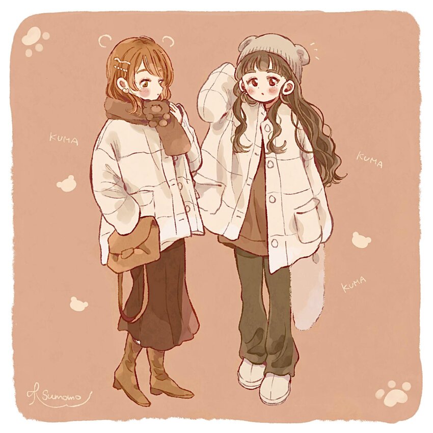 2girls alternate_costume animal_ear_headwear animal_print artist_name beanie bear_print blush brown_hair brown_scarf casual fake_animal_ears full_body fur_bag hat highres hojo_karen idolmaster idolmaster_cinderella_girls jacket kamiya_nao looking_at_viewer multiple_girls orange_hair paw_print romaji_text scarf signature sumomo_030102 white_jacket