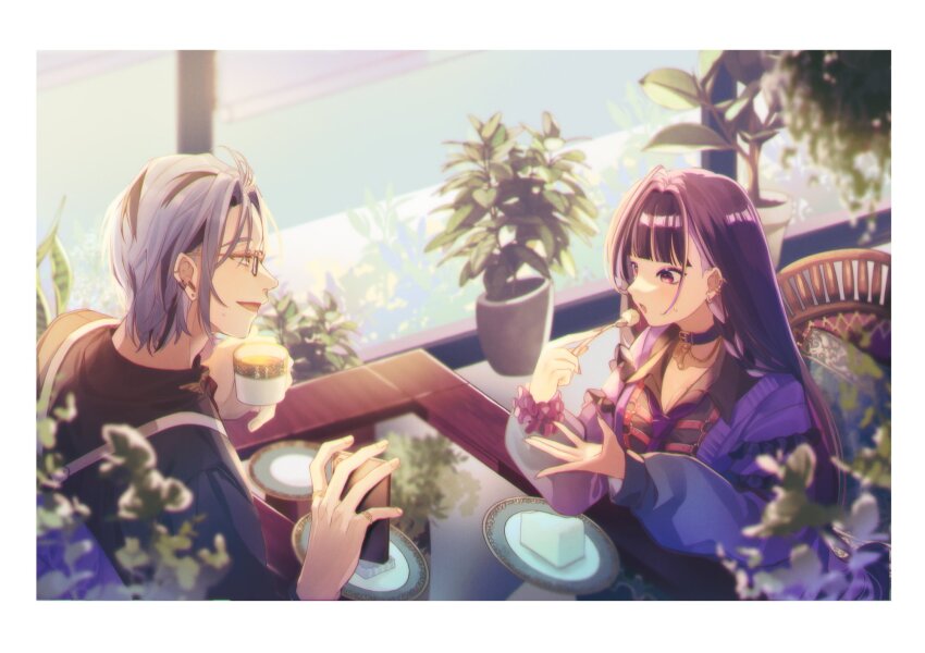 1boy 1girl :o ahoge barbell_piercing black_collar black_hair black_shirt blunt_bangs blurry blurry_background blurry_foreground braid breasts cake cake_slice cellphone chair cleavage collar collarbone collared_shirt commentary cup ear_piercing earrings eating flower_pot food fork glasses gold_ring green_eyes grey_hair hair_behind_ear hair_intakes hands_up hanging_plant hex_haywire hex_haywire_(1st_costume) highres holding holding_cup holding_fork holding_phone indoors industrial_piercing jacket jewelry kaburagi_(pnoir087) large_breasts long_hair looking_at_another meloco_kyoran meloco_kyoran_(1st_costume) multicolored_hair multiple_rings necktie nijisanji nijisanji_en open_clothes open_jacket open_mouth parted_bangs phone piercing pillow plant plate potted_plant purple_eyes purple_hair purple_jacket purple_necktie purple_scrunchie ring saucer scrunchie shirt short_hair side_braids sitting smartphone smile streaked_hair stud_earrings suspenders sweatdrop symbol-only_commentary table tea teacup upper_body very_long_hair virtual_youtuber window wrist_scrunchie