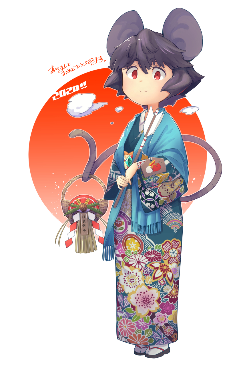 1girl 2020 absurdres animal_ears arrow_(projectile) chinese_zodiac commentary_request daitai_konna_kanji full_body grey_hair hamaya highres japanese_clothes kimono looking_at_viewer mouse_ears mouse_girl mouse_tail nazrin new_year red_eyes sandals short_hair smile solo tabi tail touhou year_of_the_rat zouri