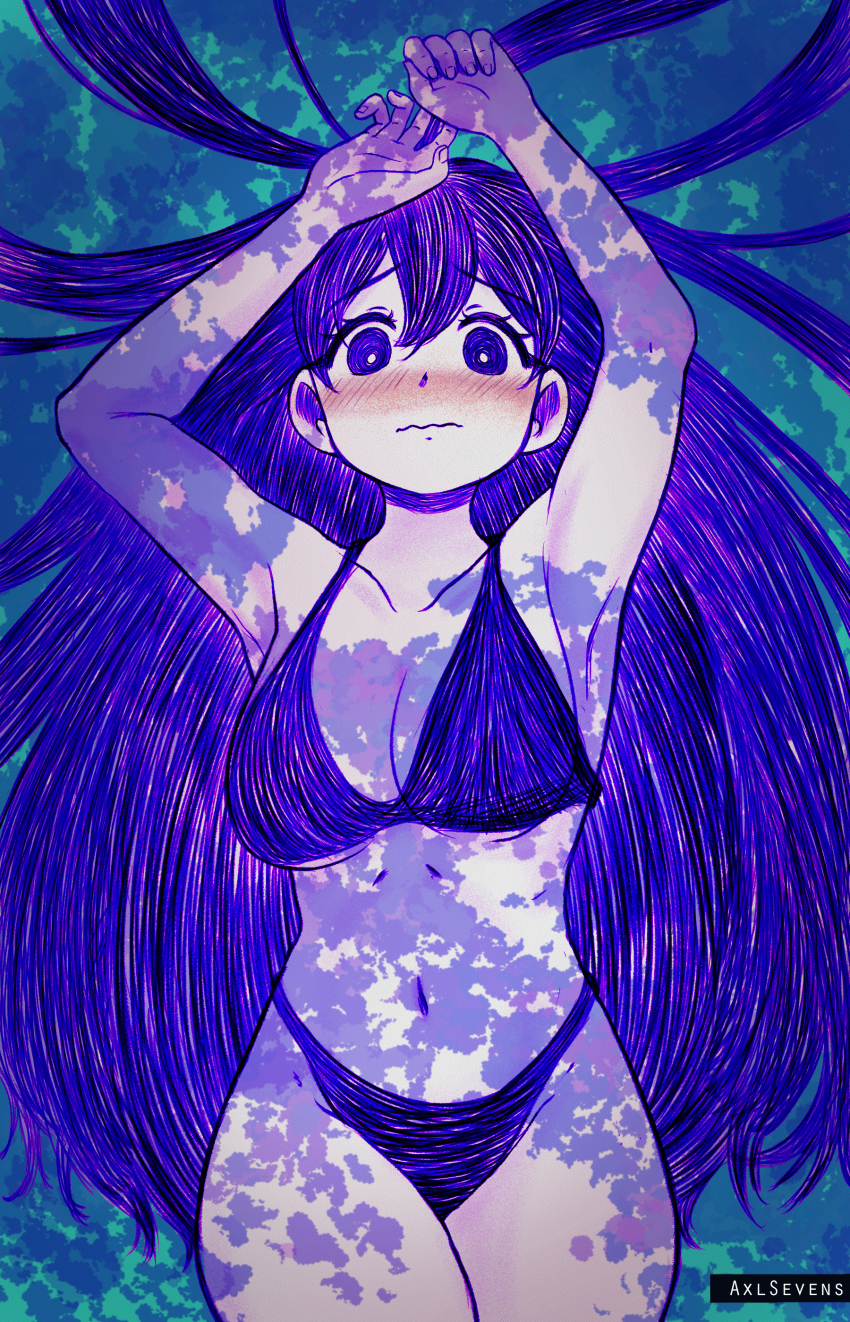 1girl absurdres axl_sevens bare_shoulders bikini black_hair breasts bright_pupils cleavage colored_skin highres long_hair looking_at_viewer mari_(headspace)_(omori) mari_(omori) omori open_mouth purple_eyes purple_hair smile swimsuit white_skin