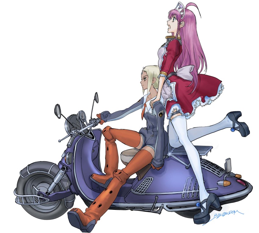 2girls black_footwear black_jumpsuit blonde_hair boots braid breasts brown_footwear cowlick dress green_eyes high_heels highres jumpsuit lal&#039;c_mellk_mal long_hair moped motor_vehicle multiple_girls nono_(top_wo_nerae_2!) open_mouth pink_hair red_dress short_hair side_braid sitting small_breasts smile surprised thigh_boots thighhighs top_wo_nerae!_(series) top_wo_nerae_2! white_thighhighs yonemura_kouichirou