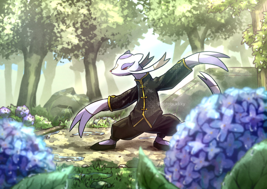closed_mouth clothed_pokemon commentary_request day flower gen_5_pokemon grass hydrangea jacket kotobukkii_(yt_lvlv) mienshao nintendo no_pupils outdoors pants pokemon pokemon_(creature) pokemon_focus red_eyes shoes solo standing tree twitter_username