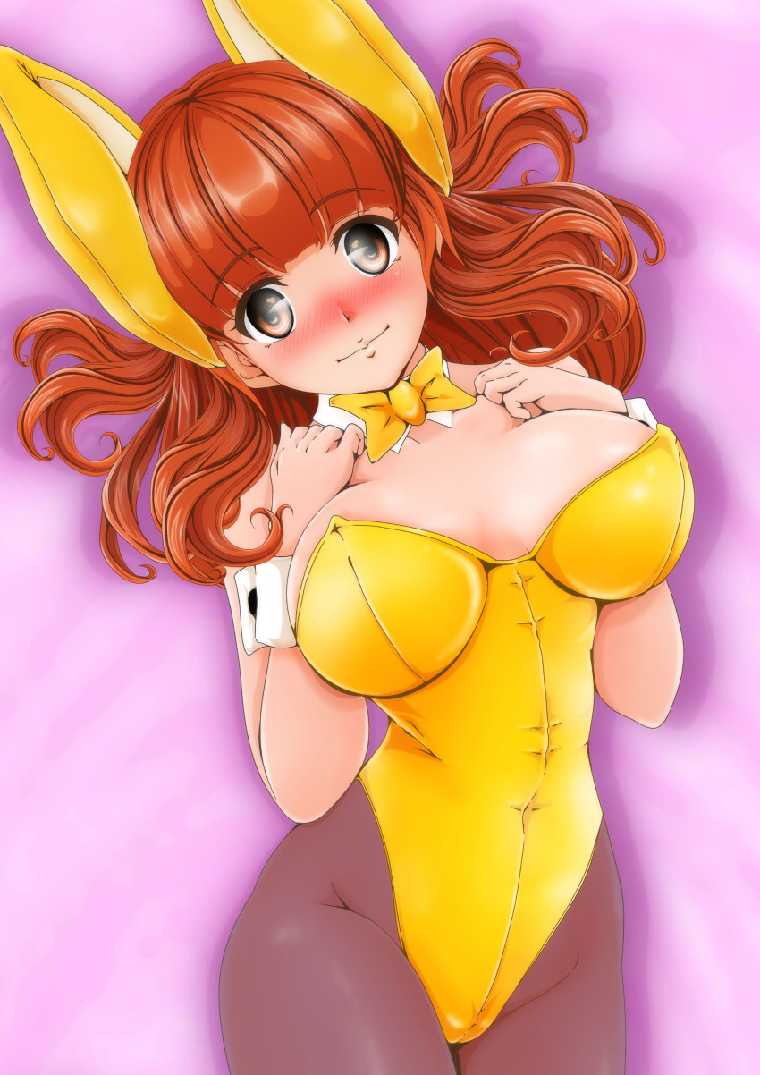 1girl absurdres animal_ears bed black_pantyhose blunt_bangs bow bowtie breasts closed_mouth commentary_request detached_collar fake_animal_ears from_above girls_und_panzer highleg highleg_leotard highres large_breasts leotard long_hair looking_at_viewer lying nanashi_noiji orange_eyes orange_hair pantyhose partial_commentary playboy_bunny rabbit_ears solo strapless strapless_leotard takebe_saori wrist_cuffs yellow_bow yellow_bowtie yellow_leotard