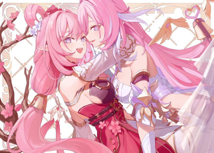 2girls absurdres bare_shoulders bell branch breasts cherry_blossoms chinese_clothes commentary_request corset diamond-shaped_pupils diamond_(shape) dress elf elysia_(herrscher_of_human:_ego)_(honkai_impact) elysia_(honkai_impact) elysia_(peachy_spring)_(honkai_impact) from_side highres honkai_(series) honkai_impact_3rd hug long_hair medium_breasts multiple_girls open_mouth pointy_ears purple_eyes red_dress roena sideboob smile symbol-shaped_pupils very_long_hair white_corset