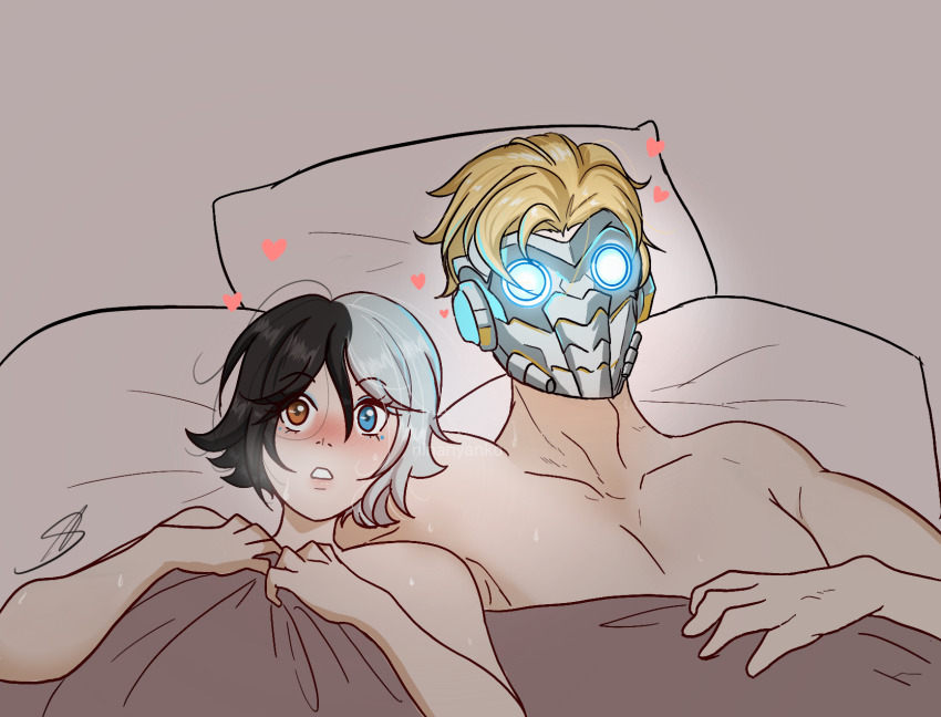 1boy 1girl aftersex artist_name bed bed_sheet black_hair blonde_hair blue_eyes blush completely_nude couple glowing happy_sex heart heavy_breathing hetero heterochromia highres holding holding_sheet luna_snow lying marvel marvel_rivals mask messy_hair multicolored_hair non-web_source nude on_bed peter_quill pillow signature simple_background star-lord steam sweat sweatdrop