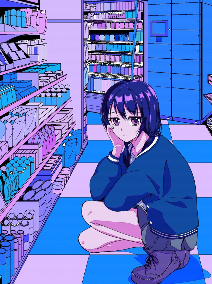 1girl 5_rebbeccas blue_jacket boots casual checkered_floor closed_mouth commentary_request full_body grey_skirt hair_between_eyes hand_on_own_cheek hand_on_own_face hand_up highres indoors jacket lace-up_boots light_smile long_hair long_sleeves looking_at_viewer low_twintails miniskirt open_clothes open_jacket pleated_skirt purple_boots purple_eyes purple_hair shelf shirt shop skirt solo squatting tamura_yuri twintails watashi_ga_motenai_no_wa_dou_kangaetemo_omaera_ga_warui! white_shirt