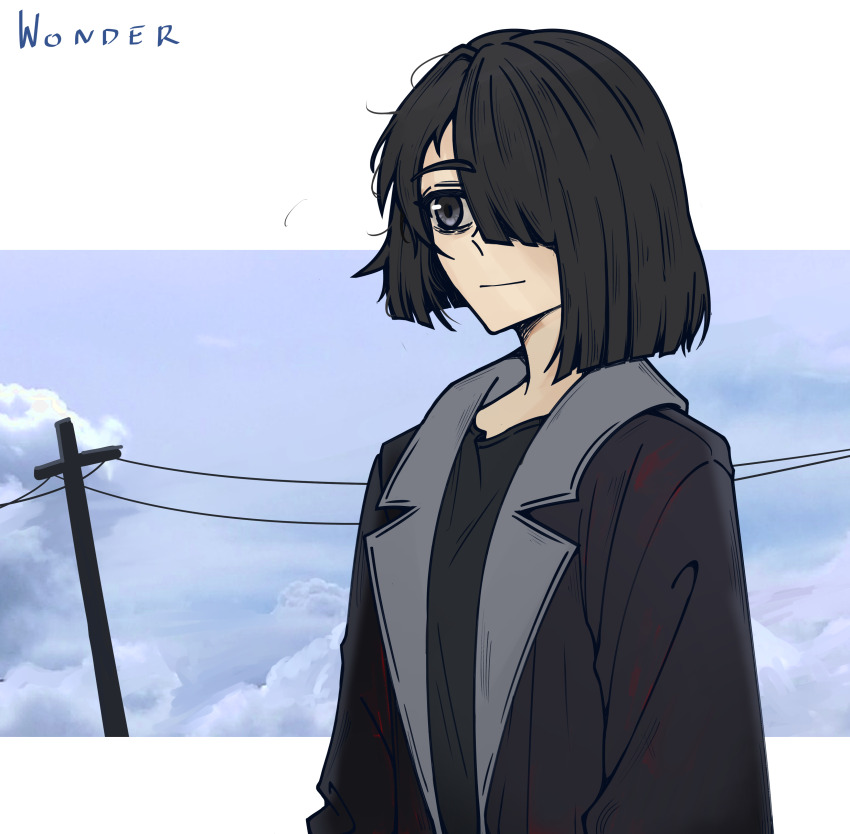 1girl absurdres black_hair black_jacket black_shirt cloud cloudy_sky hair_over_one_eye highres jacket light_smile medium_hair power_lines shirt sky solo