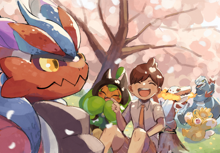1boy :d baxcalibur brown_hair closed_eyes collared_shirt day florian_(pokemon) grass hand_up highres index_finger_raised knees koraidon male_focus matsuda_(0yx38755230263c) necktie nintendo ogerpon open_mouth orange_necktie orange_shorts outdoors pawmot pokemon pokemon_(creature) pokemon_sv shirt short_hair shorts sitting skeledirge smile teeth tree tree_stump upper_teeth_only