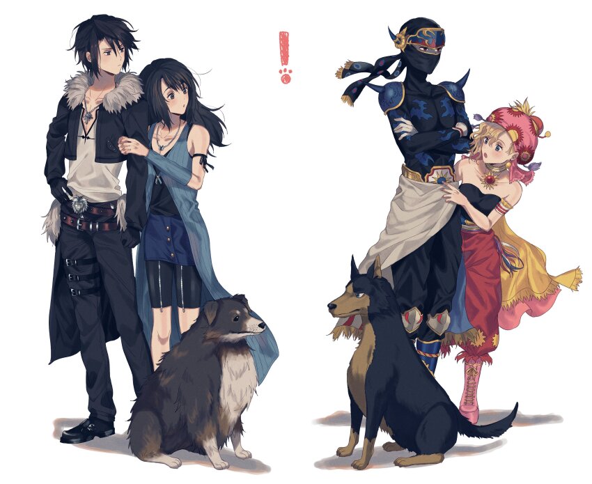 ! 234_(1234!) 2boys 2girls :o absurdres angelo_(ff8) armor bad_id bad_twitter_id bare_shoulders belt black_footwear blonde_hair collarbone cropped_jacket cross-laced_footwear dog final_fantasy final_fantasy_vi final_fantasy_viii fur-trimmed_jacket fur_trim highres interceptor_(ff6) jacket long_sleeves mask mouth_mask multiple_belts multiple_boys multiple_girls ninja ninja_mask relm_arrowny rinoa_heartilly shadow_(ff6) shirt shoulder_armor squall_leonhart white_shirt