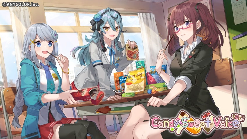 3girls artist_request ban_hada black_bow black_hairband black_jacket black_skirt blue_flower blue_hair blue_hoodie blue_necktie blue_ribbon blue_rose bow box braid brand_name_imitation breasts cardigan chips_(food) collared_shirt commentary english_commentary flower food glasses grey_cardigan hair_behind_ear hair_between_eyes hair_bow hair_flower hair_ornament hairband haribo highres holding holding_box holding_food hood hoodie jacket lee_roha long_hair medium_breasts multiple_girls neck_ribbon necktie nijisanji nijisanji_kr official_art open_mouth pocky potato_chips purple_eyes red_skirt ribbon rose ryu_hari school_uniform shirt silver_hair skirt smile teacher twintails virtual_youtuber white_jacket yellow_eyes
