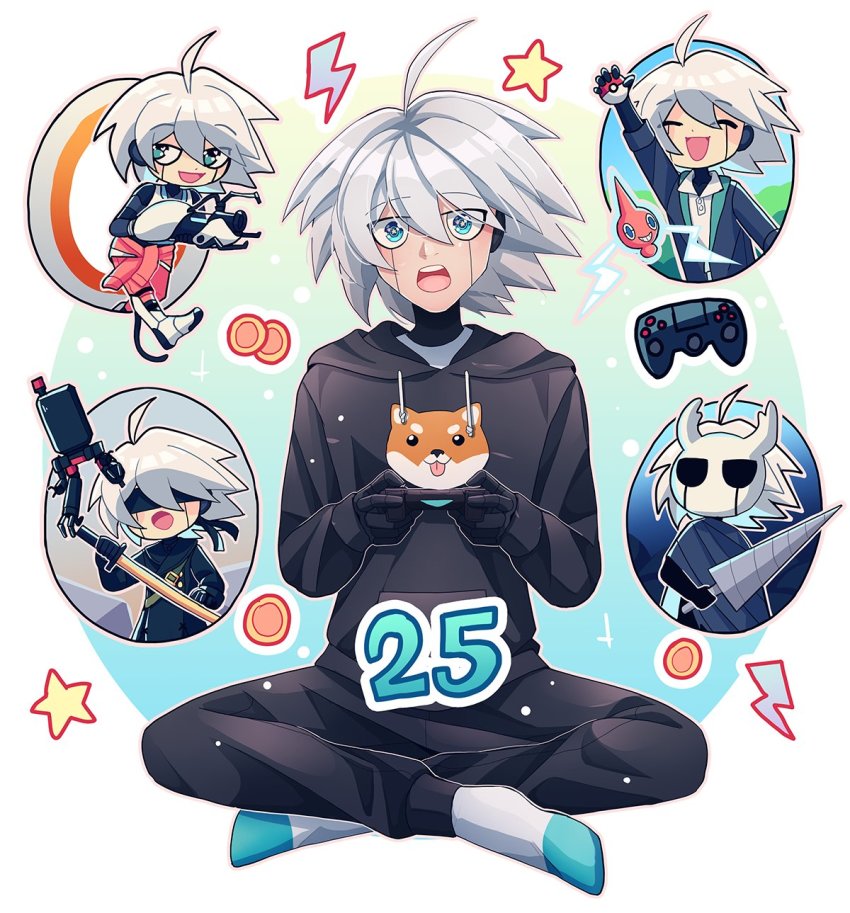 1boy 9s_(nier:automata) 9s_(nier:automata)_(cosplay) :d ahoge alternate_costume android animal_print aperture_science_handheld_portal_device arm_up black_blindfold black_hoodie black_jacket black_pants black_skin blindfold cheer_(cheerpuppy14) chell chell_(cosplay) colored_skin commentary controller cosplay danganronpa_(series) danganronpa_v3:_killing_harmony dog_print english_commentary full_body gen_4_pokemon grey_hair grey_legwear gun highres holding holding_controller holding_sword holding_weapon hollow_knight hood hood_down hoodie indian_style jacket k1-b0 katana knight_(hollow_knight) knight_(hollow_knight)_(cosplay) mask multiple_views nail_(hollow_knight) nier:automata nier_(series) nintendo open_mouth pants pokemon portal_(series) rotom short_hair sitting smile socks star_(symbol) sword teeth upper_teeth_only weapon white_background