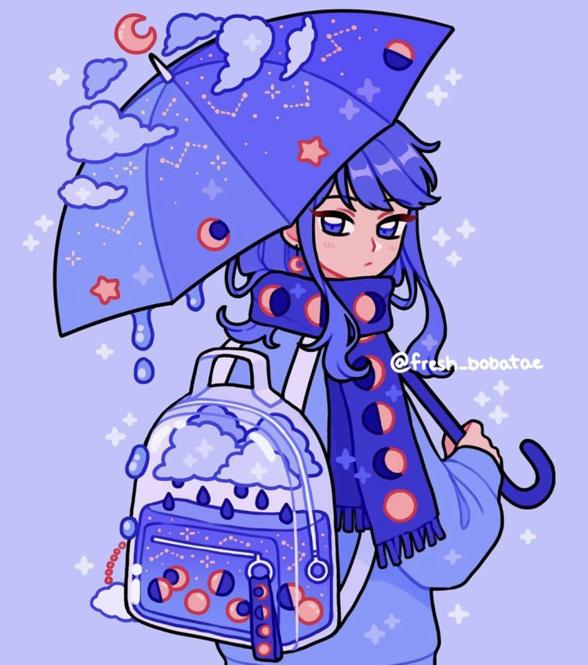 1girl bag_charm blue_background blue_bag blue_clouds blue_eyes blue_hair blue_scarf blue_sweater blue_theme blue_umbrella charm_(object) cloud constellation crescent_moon emily_kim from_behind full_moon gibbous_moon half_moon highres holding holding_umbrella liquid looking_back moon moon_phases original rain scarf simple_background sparkle sweater transparent_bag twitter_username umbrella