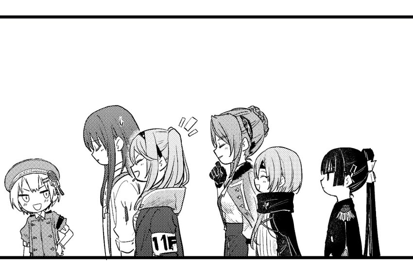 6+girls black_hair blunt_bangs candy epaulettes food hanamura_shiki hat heaven_burns_red jacket jacket_on_shoulders kulfiq kurozawa_maki lollipop long_hair maruyama_kanata matsuoka_chiroru monochrome multiple_girls natsume_inori overalls parted_bangs ponytail scarf shirt sidelocks suspenders team_31f_(heaven_burns_red) twintails white_shirt yanagi_mion