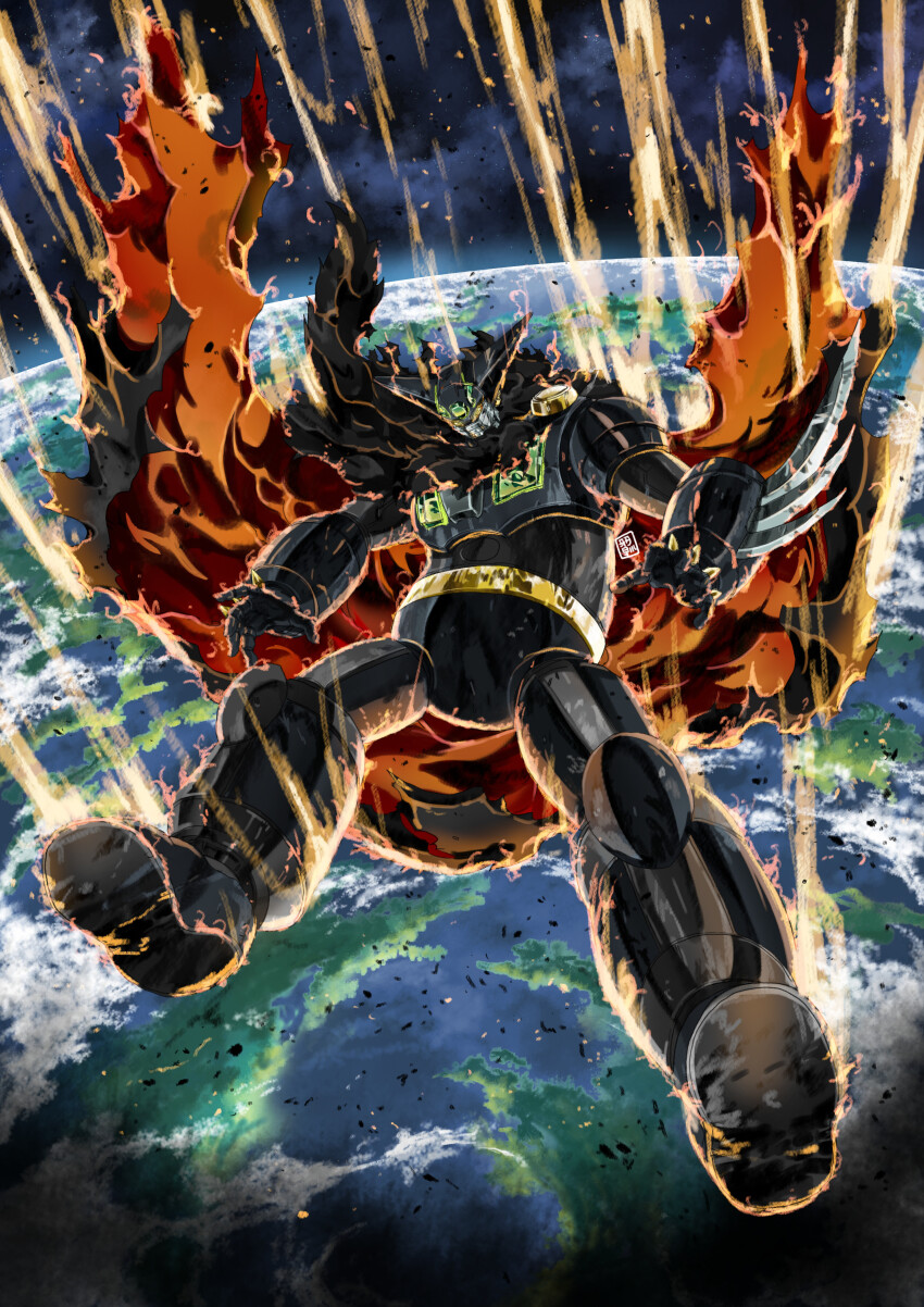 absurdres arm_blade black_cape black_getter cape earth_(ornament) garimpeiro getter_robo highres horns mecha mecha_focus no_humans open_hands robot scarf shin_getter_robo spiked_knuckles spikes super_robot torn_clothes weapon yellow_eyes