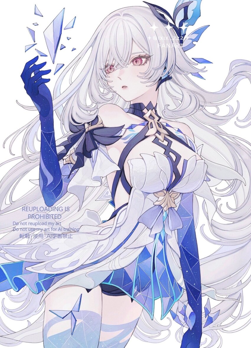 1girl ao_(ao0_0nemu) blue_hands breasts cowboy_shot dress genshin_impact hair_ornament highres large_breasts long_hair looking_to_the_side object_floating_above_hand parted_lips pink_eyes prosthesis prosthetic_arm prosthetic_leg simple_background skirk_(genshin_impact) solo watermark white_background white_dress white_hair