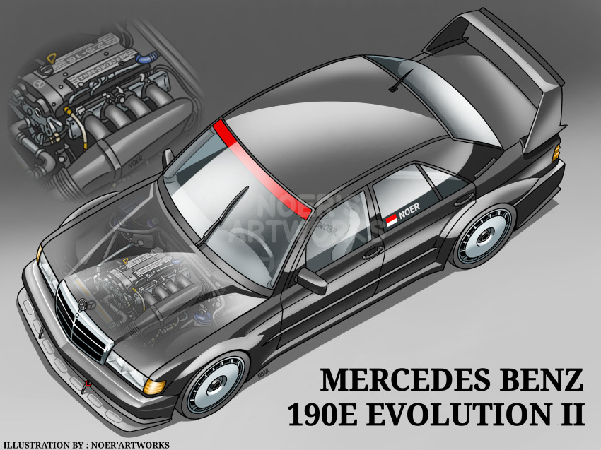 artist_name black_car car engine from_above highres indonesian_flag mercedes-benz mercedes-benz_190e motor_vehicle no_humans noerartworks original spoiler_(automobile) vehicle_focus vehicle_name watermark x-ray