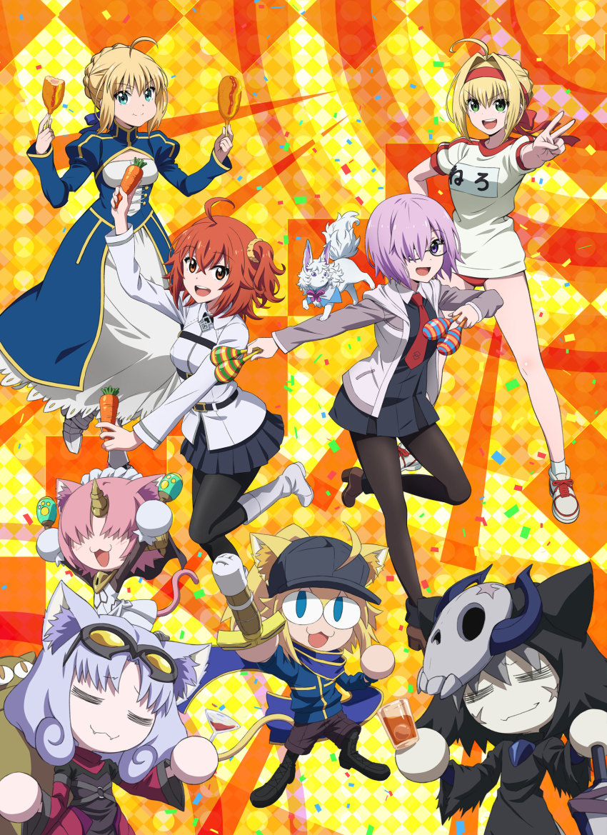4girls absurdres ahoge alcohol artoria_pendragon_(fate) baseball_cap black_dress black_pantyhose black_skirt boots carrot chaldea_uniform confetti cosplay cup dress drinking_glass fangs fate/grand_carnival fate/grand_order fate_(series) fou_(fate) fujimaru_ritsuka_(female) glasses hair_ornament hair_over_one_eye hair_scrunchie hat highres horns instrument jacket key_visual light_purple_hair long_sleeves looking_at_viewer maracas mash_kyrielight mask multiple_girls mysterious_neco_v mysterious_neco_w mysterious_neco_x mysterious_neco_y necktie nero_claudius_(fate) nero_claudius_(fate/extra) official_alternate_costume official_art open_mouth orange_eyes orange_hair pantyhose pleated_skirt promotional_art purple_eyes saber_(fate) scar scar_on_face scarf scrunchie shinai short_hair side_ponytail single_horn skirt skull_mask smile sword tail teeth upper_teeth_only weapon white_footwear wine wine_glass