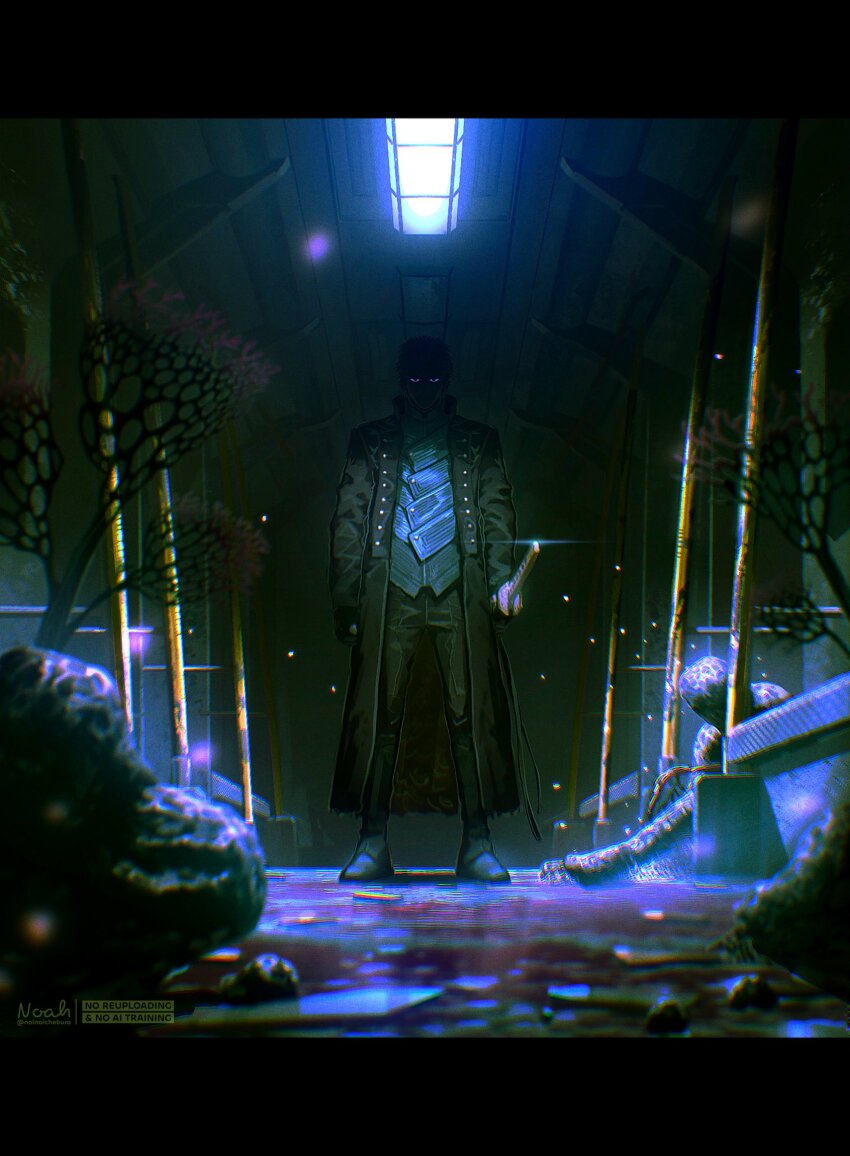 1boy blue_coat coat devil_may_cry_(series) full_body highres male_focus noah_(rokoroko) shadow short_hair solo standing vergil_(devil_may_cry) yamato_(sword)