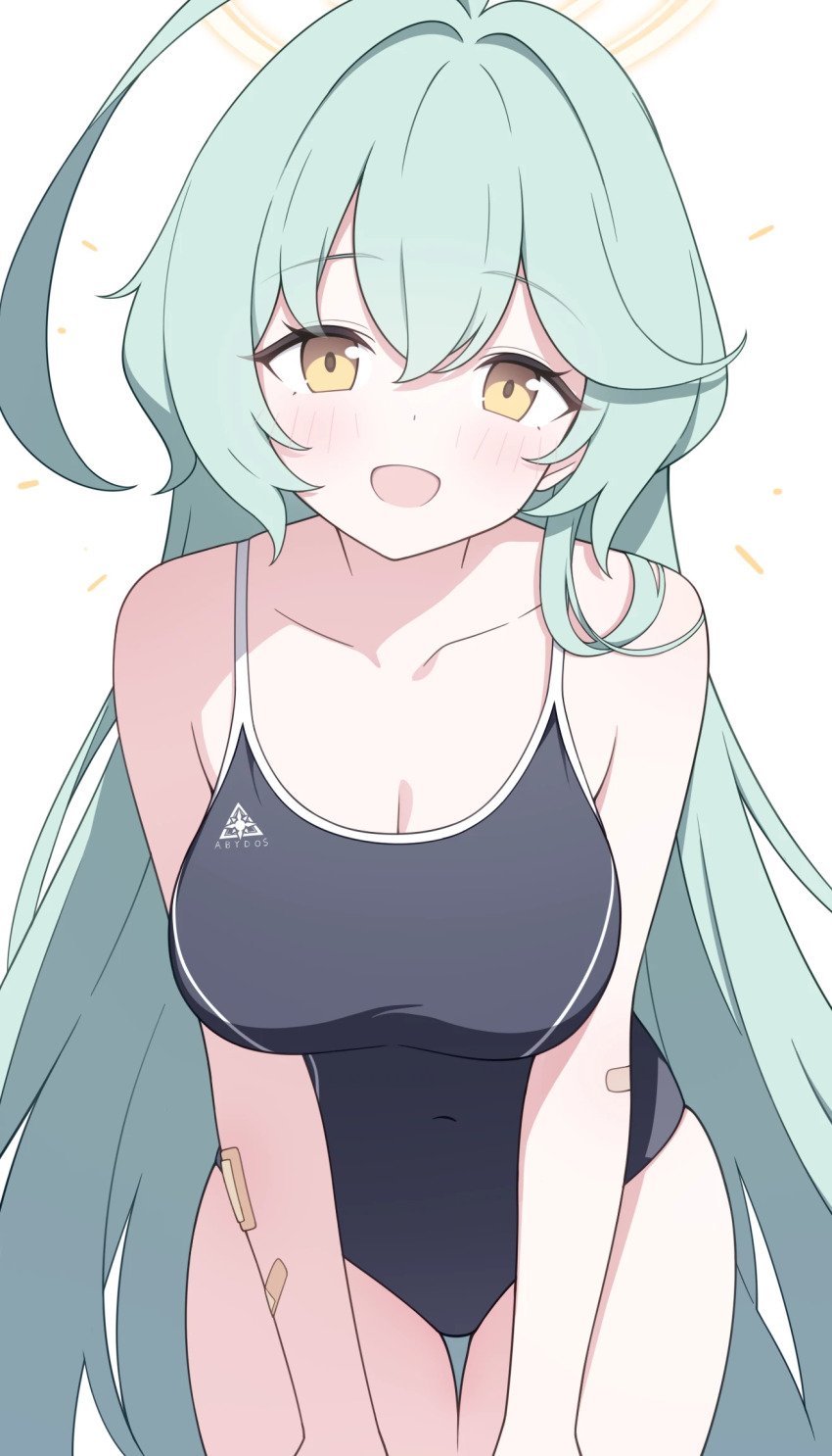 1girl :d abydos_high_school_logo abydos_high_school_swimsuit ahoge aqua_hair bandaid bandaid_on_arm bare_shoulders black_one-piece_swimsuit blue_archive blush breasts chinese_commentary cleavage collarbone commentary covered_navel cowboy_shot hair_between_eyes halo highres huge_ahoge jyt large_breasts leaning_forward long_hair looking_at_viewer making-of_available official_alternate_costume one-piece_swimsuit open_mouth school_swimsuit sidelocks simple_background smile solo spaghetti_strap swimsuit thigh_gap very_long_hair white_background yellow_eyes yellow_halo yume_(blue_archive)
