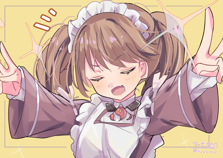 1girl absurdres adapted_costume alternate_costume breasts brown_hair closed_eyes enmaided highres hizaka japanese_clothes kantai_collection long_hair magatama maid one-hour_drawing_challenge open_mouth ryuujou_(kancolle) signature small_breasts smile twintails twitter_username upper_body yellow_background