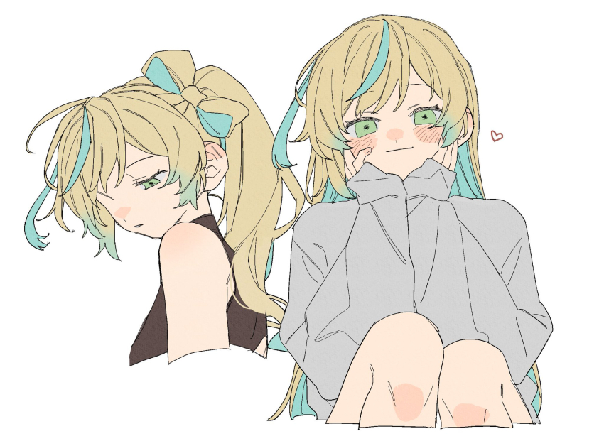 1girl aqua_hair bad_id bad_pixiv_id blonde_hair closed_mouth dayama flat_color green_eyes grey_sweater hair_ribbon heart highres long_hair looking_at_viewer looking_down multiple_views nijisanji ponytail ribbon simple_background smile solo sweater tachitsute_toto teeth upper_body virtual_youtuber white_background