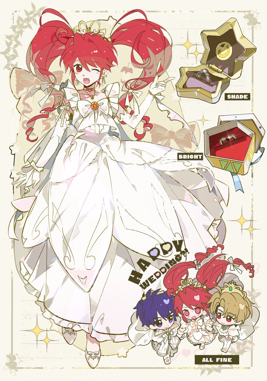 1girl 2boys @_@ absurdres aged_up blonde_hair blue_hair bow bowtie bridal_veil bride bright_(futagohime) character_name chibi choker collarbone dress elbow_gloves english_text fine_(futagohime) floating_clothes floating_hair formal_clothes frilled_dress frilled_gloves frilled_veil frills fushigiboshi_no_futago_hime gloves gold_tiara gown groom hair_bow happy_wedding heart heart_choker hetero high_heels highres humi_humi husband_and_wife long_dress long_hair low-tied_long_hair multiple_boys multiple_views parted_bangs picture_frame polyamory red_hair robe see-through_clothes see-through_veil shade_(futagohime) shoes short_hair sleeveless sleeveless_dress sparkle suit tuxedo veil very_long_hair wedding_dress white_background white_bow white_bowtie white_dress white_gloves white_robe white_shoes white_suit yellow_choker