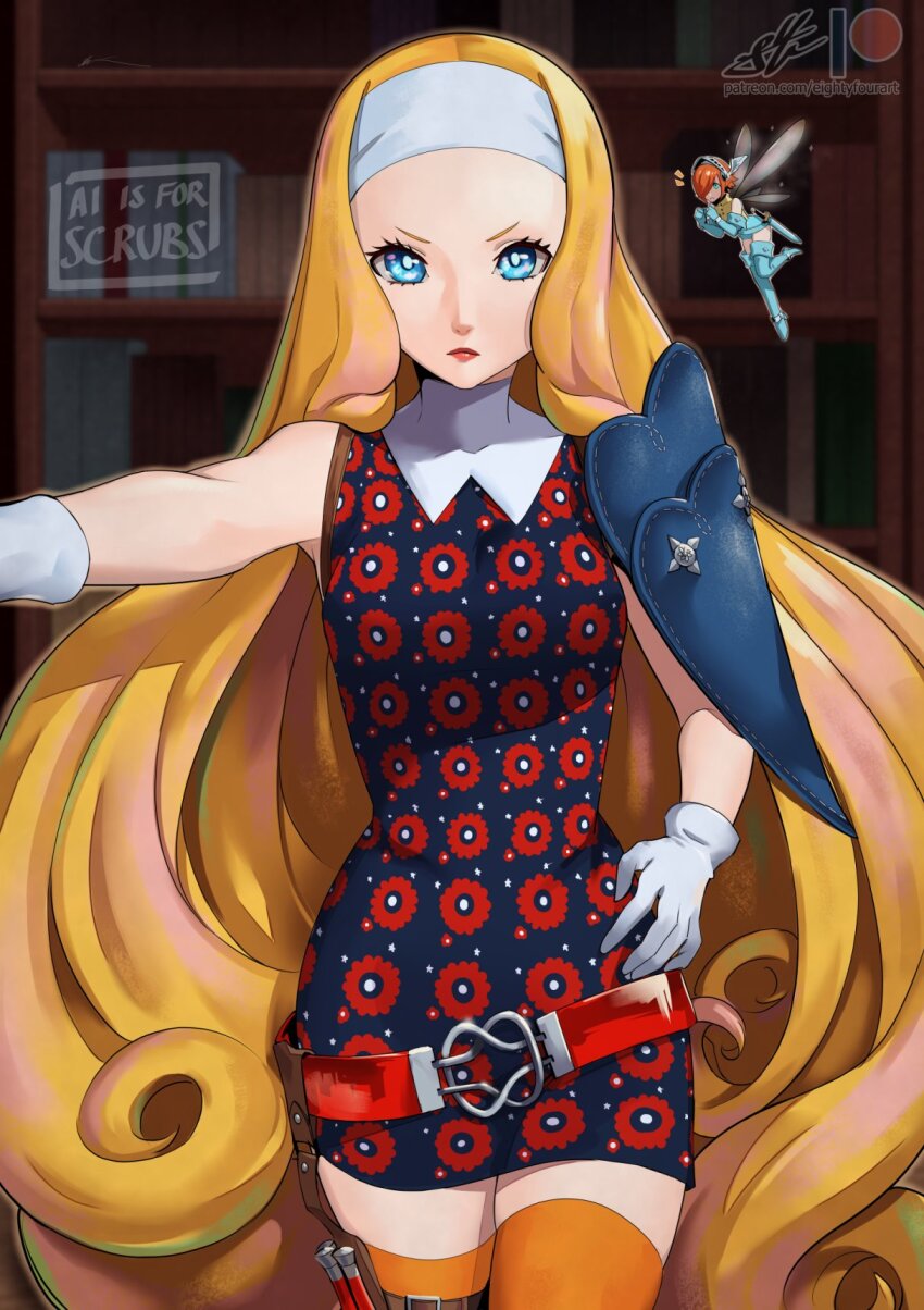 2girls armor belt blonde_hair blue_eyes bookshelf closed_mouth commentary dress eightyfourart fairy fairy_wings floral_print floral_print_dress gallica_(metaphor:_refantazio) gloves hairband hand_on_own_hip highres indoors junah_(metaphor:_refantazio) kabedon kabedon_on_viewer lips long_hair metaphor:_refantazio multiple_girls orange_hair orange_thighhighs pauldrons pov print_dress red_belt red_lips short_hair shoulder_armor single_pauldron size_difference sleeveless sleeveless_dress thighhighs very_long_hair white_gloves white_hairband wings