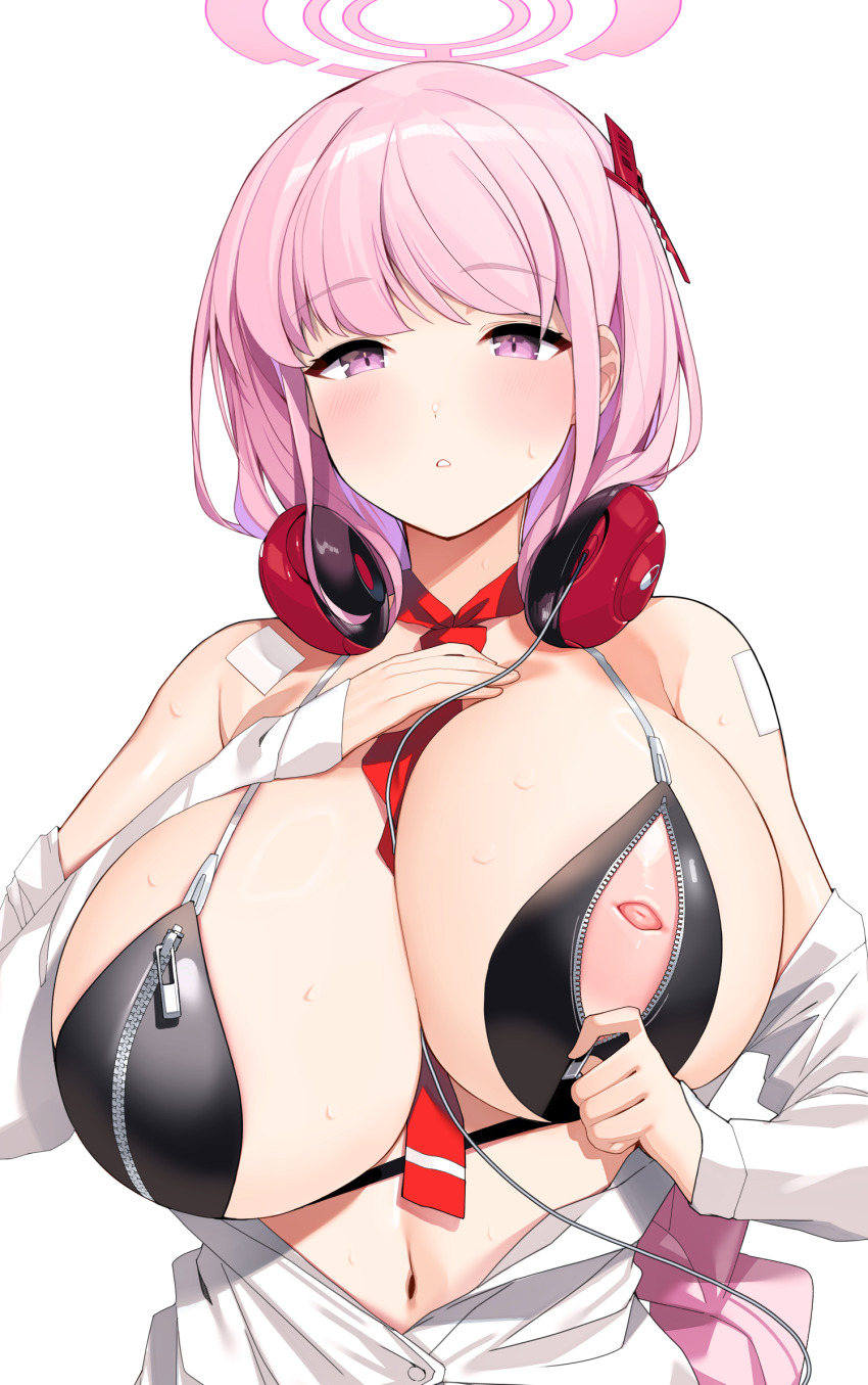 1girl bandaid bandaid_on_arm barcode between_breasts bikini black_bikini blue_archive blush breasts commentary eimi_(blue_archive) hair_ornament halo hand_on_own_chest headphones headphones_around_neck highres huge_breasts inverted_nipples long_hair long_sleeves looking_at_viewer navel necktie necktie_between_breasts nipples parted_lips patch pink_eyes pink_hair pink_halo red_necktie shirt simple_background sleeves_past_wrists solo stomach sweat swept_bangs swimsuit unzipping wazukani white_background white_shirt zipper zipper_bikini zipper_pull_tab