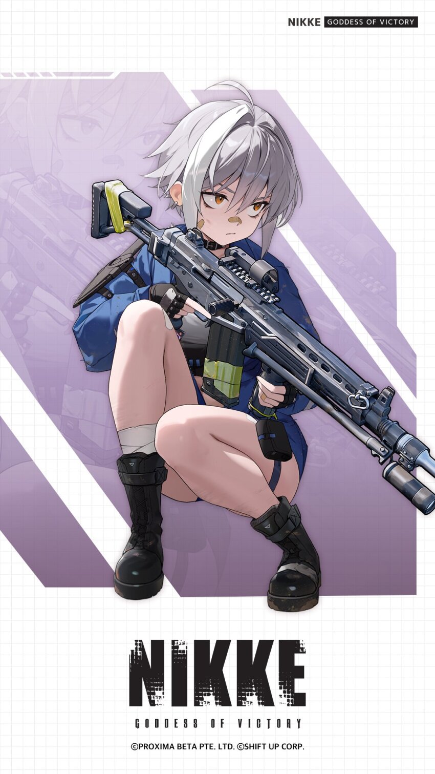 1girl ahoge assault_rifle bandaged_leg bandages bandaid bandaid_on_cheek bandaid_on_face bandaid_on_finger bandaid_on_nose black_boots black_gloves blue_shirt blue_shorts boots brown_eyes closed_mouth commentary crop_top english_commentary fingerless_gloves frown full_body gloves goddess_of_victory:_nikke grey_hair gun hair_between_eyes highres holding holding_gun holding_weapon long_sleeves mori_(nikke) multicolored_hair official_art rifle shirt short_hair shorts sidelocks solo squatting thigh_strap weapon white_hair
