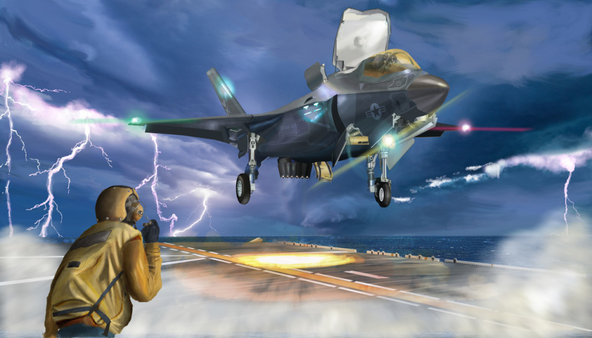 aircraft aircraft_carrier airplane bad_id bad_pixiv_id cloud day f-35 f-35_lightning_ii fighter_jet flying helmet i.t.o_daynamics landing lightning lightning_bolt_symbol military military_vehicle ocean real_life realistic roundel ship storm united_states vehicle_focus vtol warship watercraft