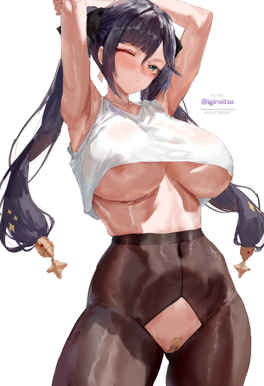 1girl absurdres alternate_breast_size_(larger) alternate_costume areola_slip arm_up armpits artist_name bandaid bandaid_on_pussy black_pantyhose blush breasts closed_mouth commentary_request covered_navel crop_top crotchless crotchless_pantyhose genshin_impact green_eyes highres igiroitsu large_breasts long_hair looking_at_viewer mona_(genshin_impact) one_eye_closed pantyhose shirt simple_background skindentation sleeveless sleeveless_shirt solo twintails underboob white_background white_shirt